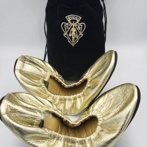 Rare Vintage Gucci Gold Leather Fold Up Ballet Flats with Original Bag